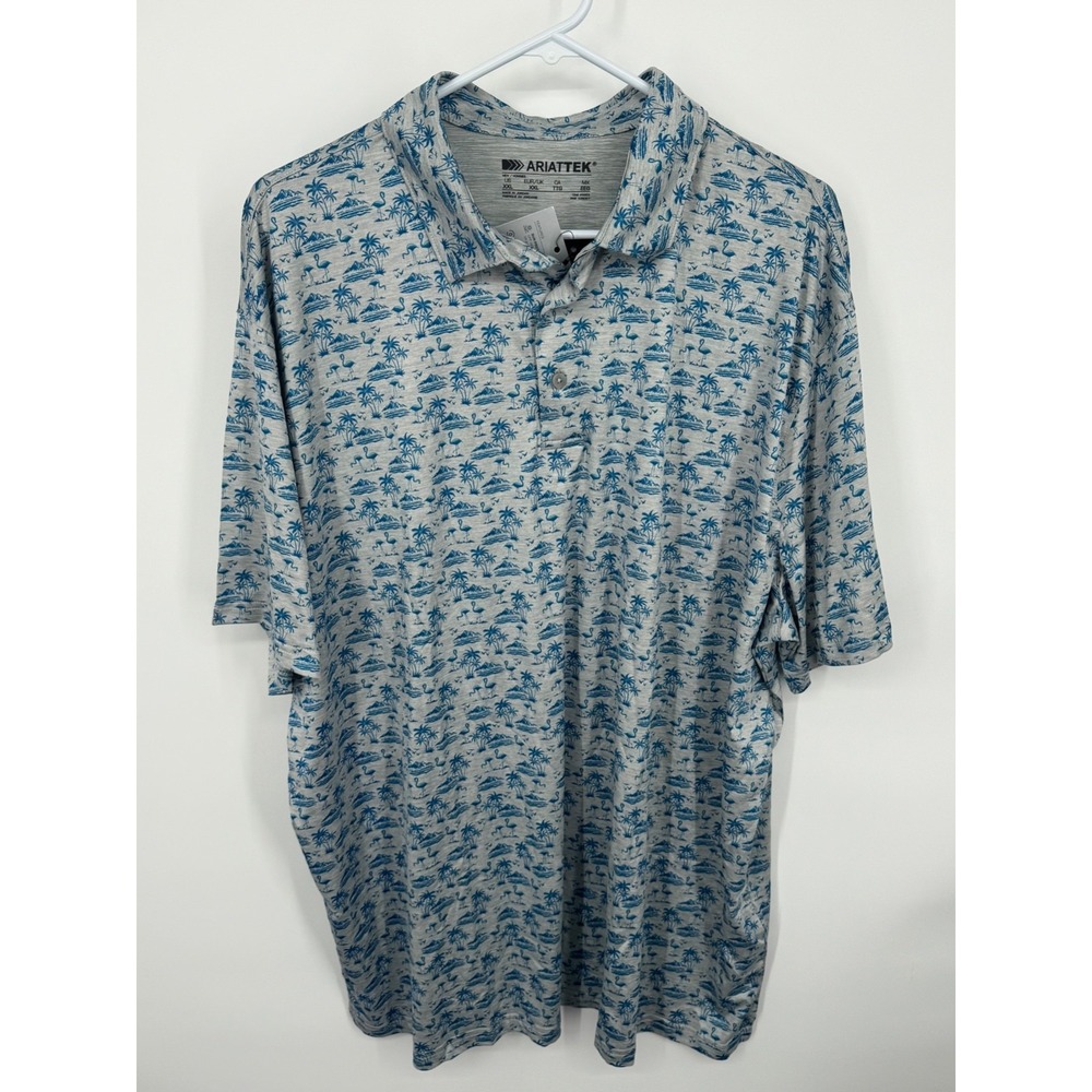 NWT AriatTEK polo Shirt Men's 2XL Blue Grey All-Over Print Pattern Button Summer